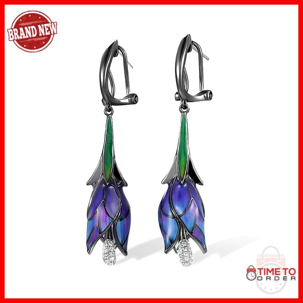 Sterling Silver Enamel Tulip Drop Earrings with Cubic Zirconia